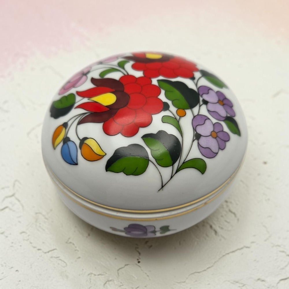 Hand Painted Porcelain Kalocsa Hungary Floral Folk Art Bonbonier Trinket Box